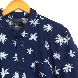 Caliville Leaf Print Short Sleeve Button Front Shirt Navy NWT